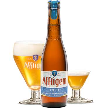 Uitgeschonken Affligem 1074 in bijhorende bierglazen