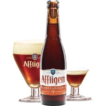 Uitgeschonken Affligem Dubbel in bijhorende bierglazen