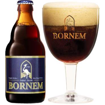 Bornem Dubbel in een bijhorend bierglas naast bierflesje