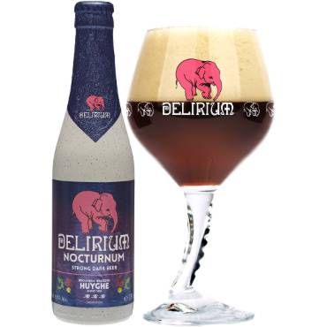 Uitgeschonken Delirium Nocturnum in bijhorend slurfglas met roze olifant