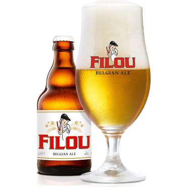 Uitgeschonken Filou in Filou-bierglas naast bierflesje