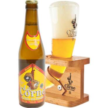 Uitgeschonken blonde La Corne du Bois des Pendus in bijhorend hoornglas