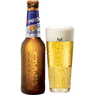 Uitgeschonken Maes Radler Agrum in bijhorend ribglas