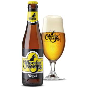 Flesje Moeder Overste blond bier met bijhorend gevuld bierglas