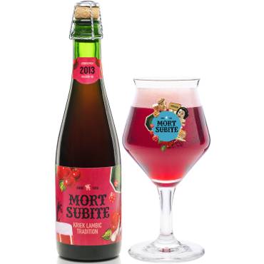 Uitgeschonken Mort Subite Kriek Lambic Tradition in bijhorend glas
