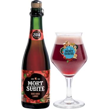 Uitgeschonken Mort Subite Oude Kriek Lambic in bijhorend glas