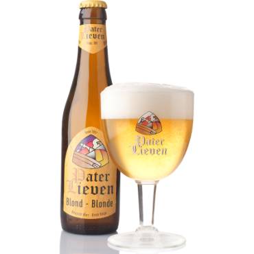 Pater Lieven Blond in bierglas met fles ernaast