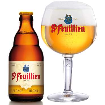 Uitgeschonken blonde St-Feuillien in bijhorend bierglas