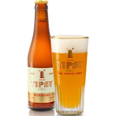 Flesje Tipsy Gold naast een gevuld bierglas