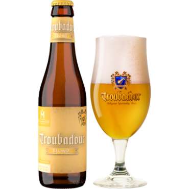 Uitgeschonken Troubadour Blond in bijhorend bierglas