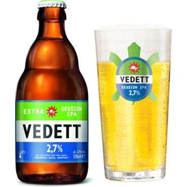 Gevuld Vedettglas met flesje Vedett Extra Session IPA