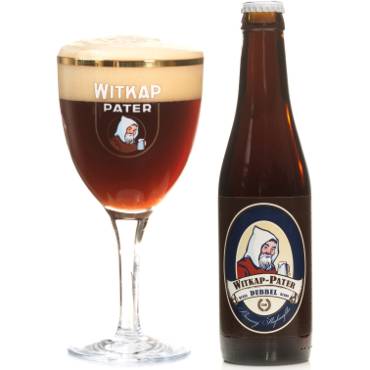 Witkap Pater Dubbel in bierglas met fles ernaast
